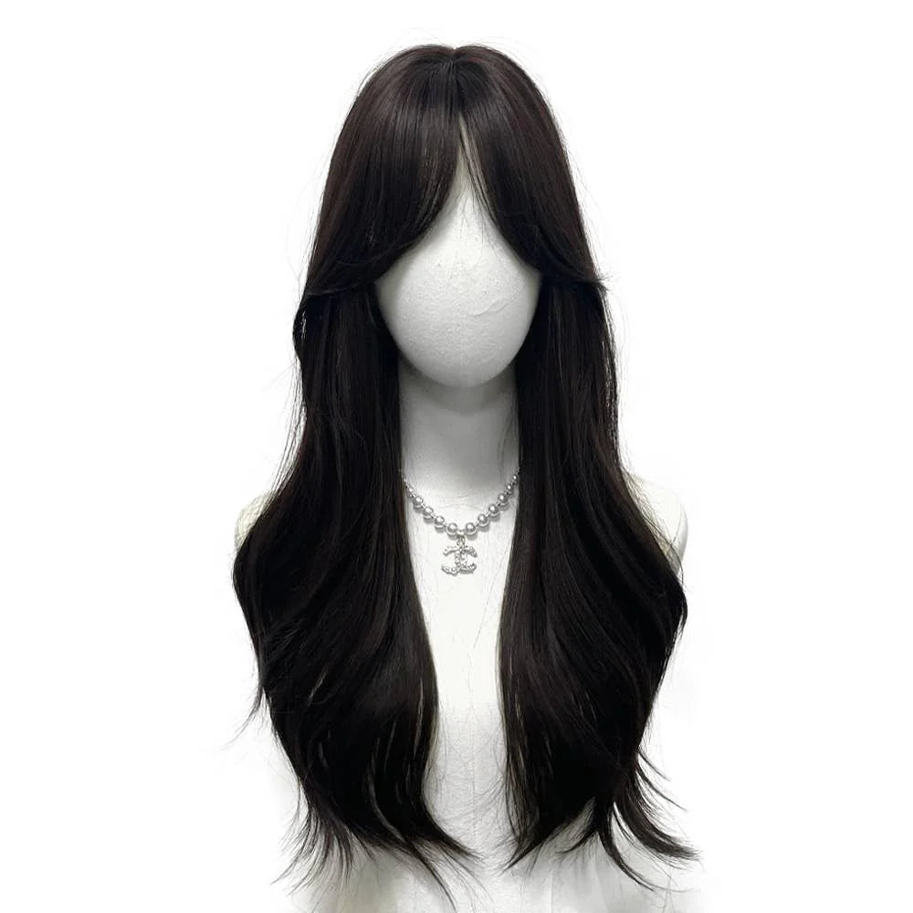 Long black brown straight hair wig and bangs synthesize female synthetic high temperature wig