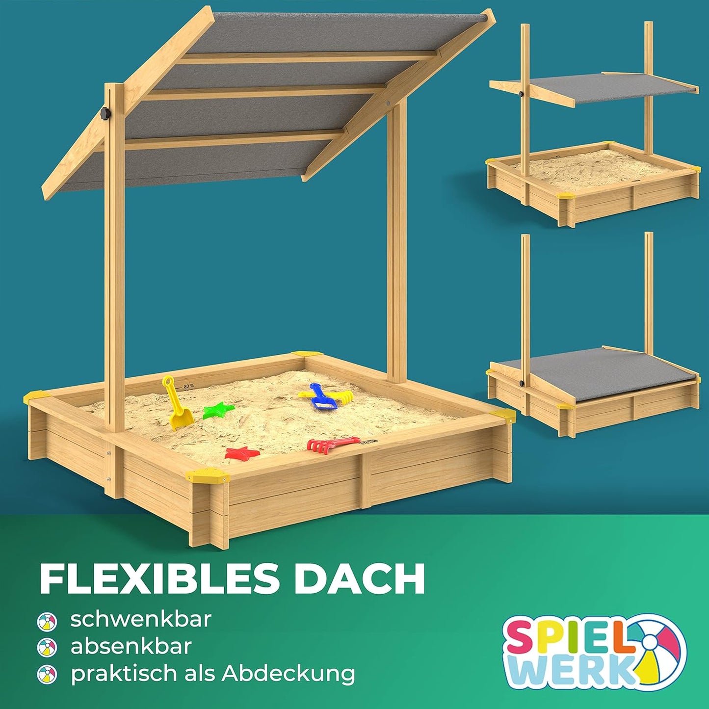 Bac à sable en bois 120 x 120 cm Tapis de sol Toit réglable Protection UV 50+