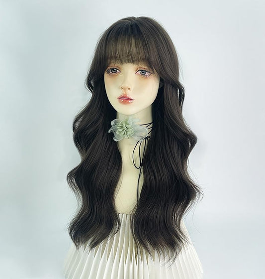 Long black wavy wig female synthetic curly wig with bangs