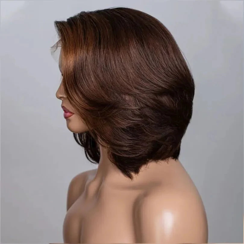 Natural Look Bob Wig Layered Cut with Brown Highlights