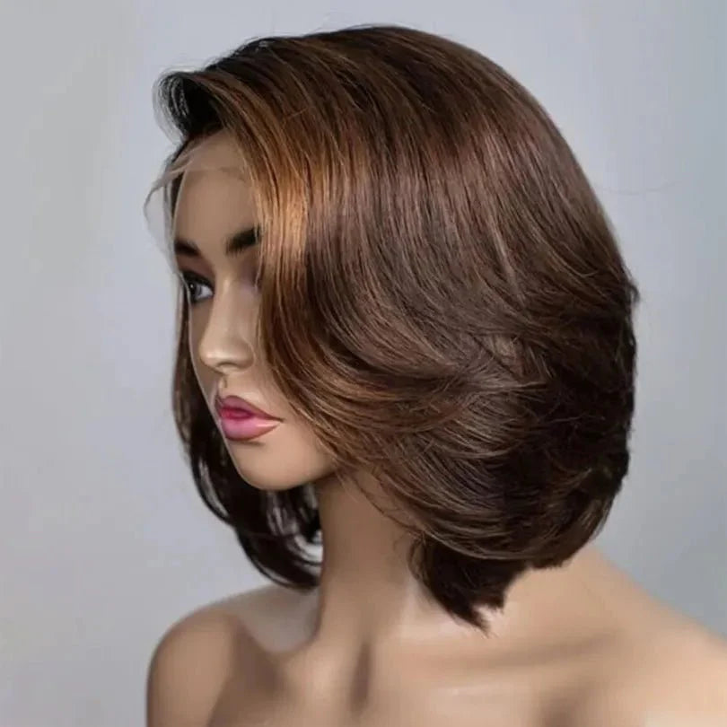 Natural Look Bob Wig Layered Cut with Brown Highlights