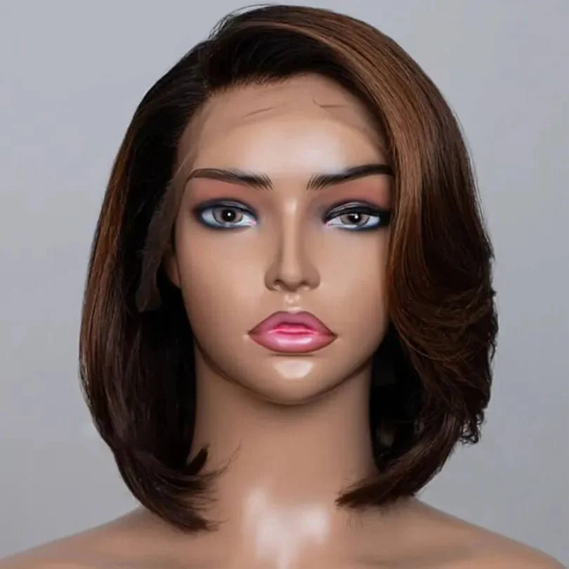 Natural Look Bob Wig Layered Cut with Brown Highlights