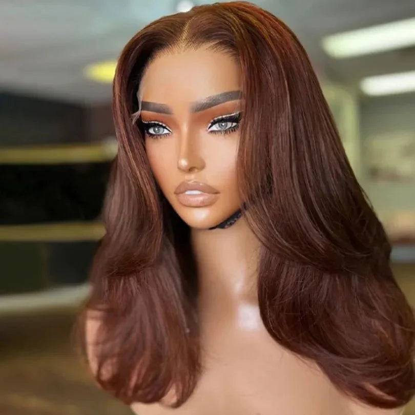 Layered Wavy Wig Auburn Brown Middle Part Lace Front