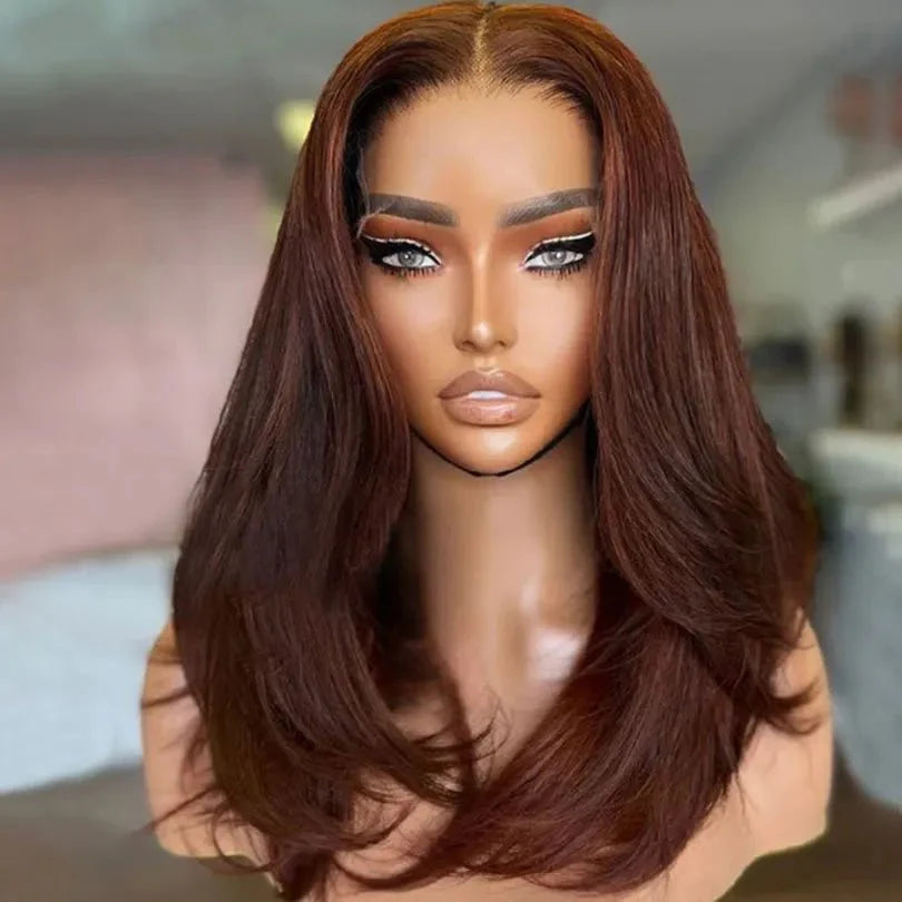 Layered Wavy Wig Auburn Brown Middle Part Lace Front