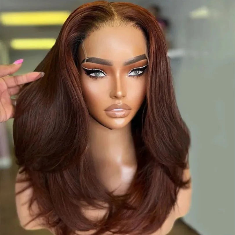 Layered Wavy Wig Auburn Brown Middle Part Lace Front