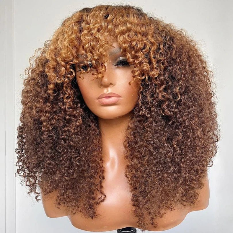 Pre-Cut Brown Curly Wig – Blonde Highlights, Easy to Wear