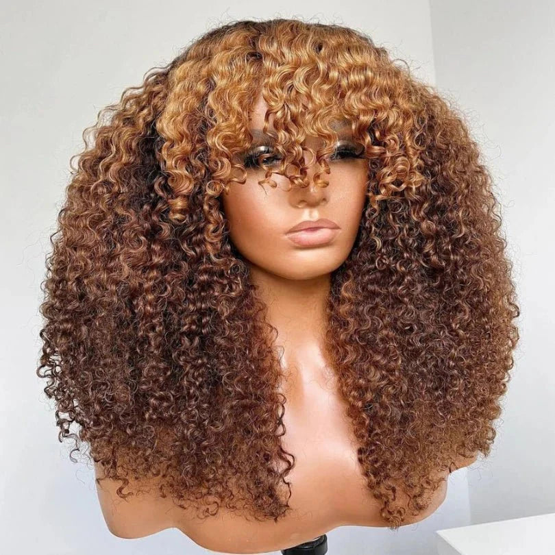 Pre-Cut Brown Curly Wig – Blonde Highlights, Easy to Wear