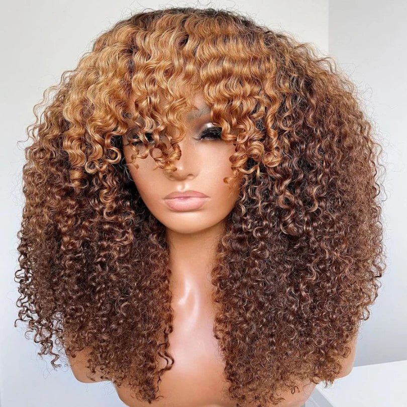 Pre-Cut Brown Curly Wig – Blonde Highlights, Easy to Wear
