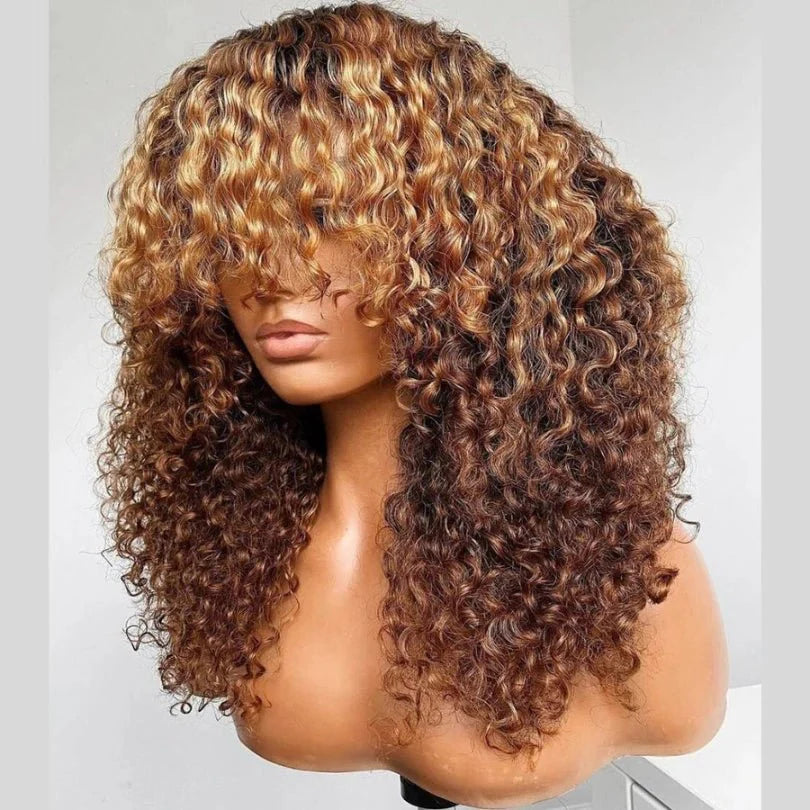 Pre-Cut Brown Curly Wig – Blonde Highlights, Easy to Wear