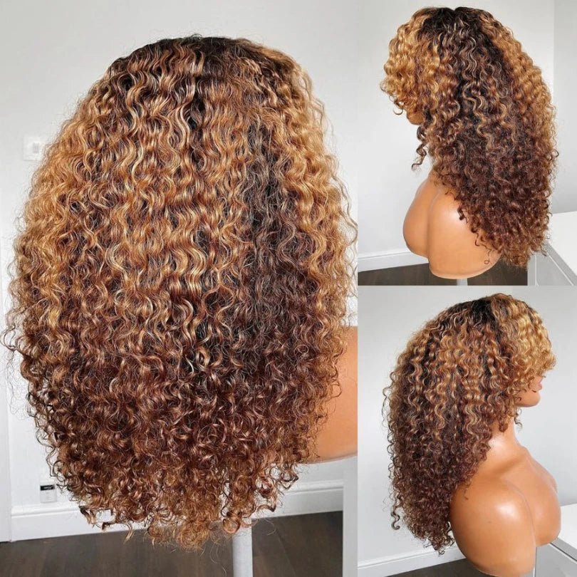 Pre-Cut Brown Curly Wig – Blonde Highlights, Easy to Wear