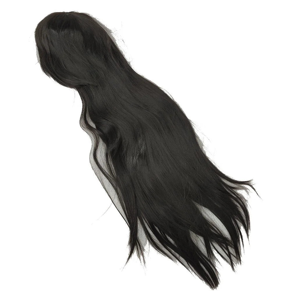 Black and long full hair wig side bangs 31 -inch long synthetic hair