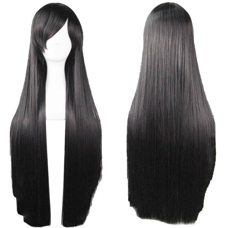Black and long full hair wig side bangs 31 -inch long synthetic hair