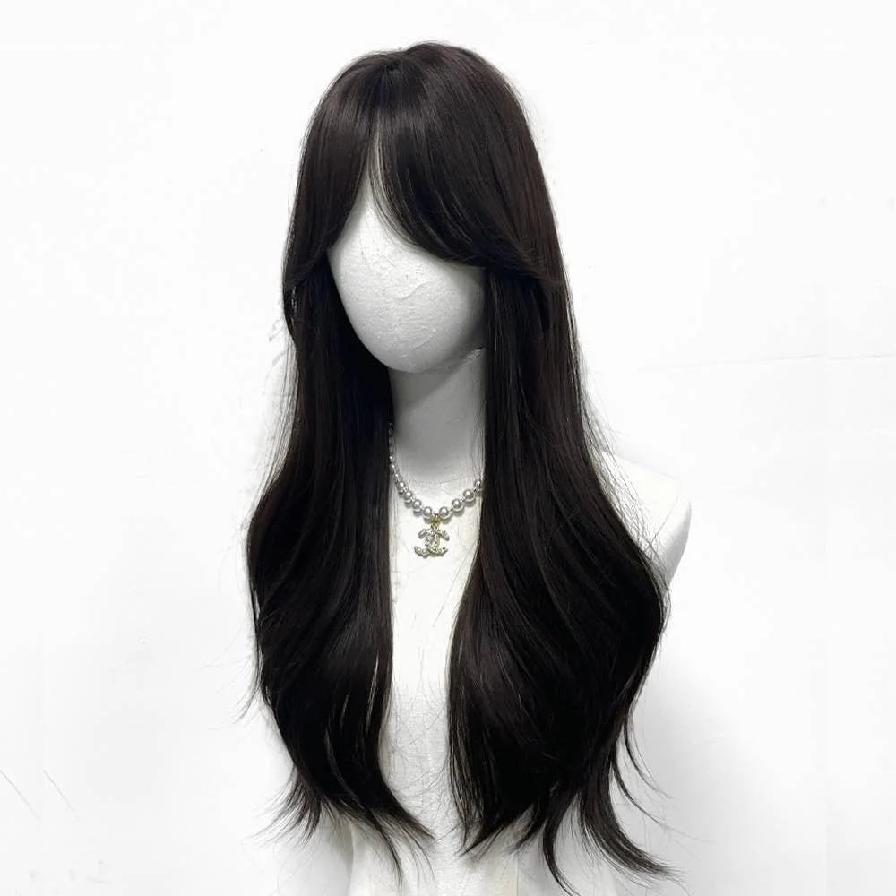 Long black brown straight hair wig and bangs synthesize female synthetic high temperature wig