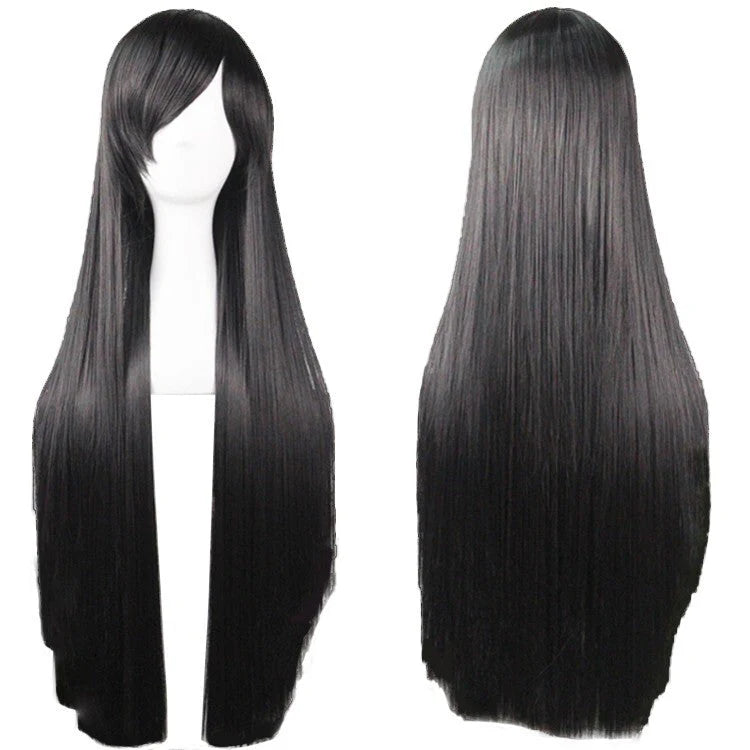 Black and long full hair wig side bangs 31 -inch long synthetic hair