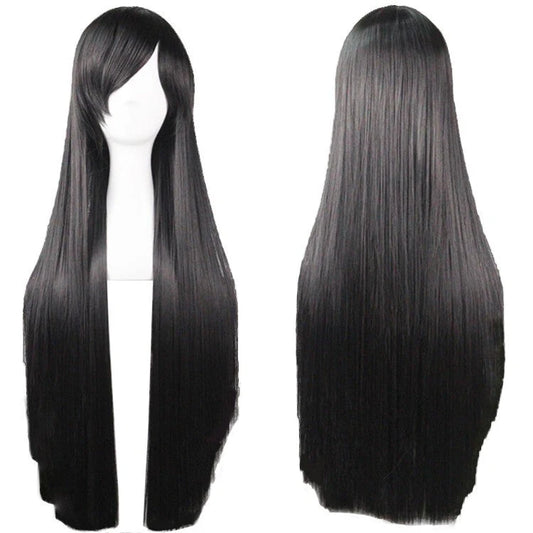 Black and long full hair wig side bangs 31 -inch long synthetic hair