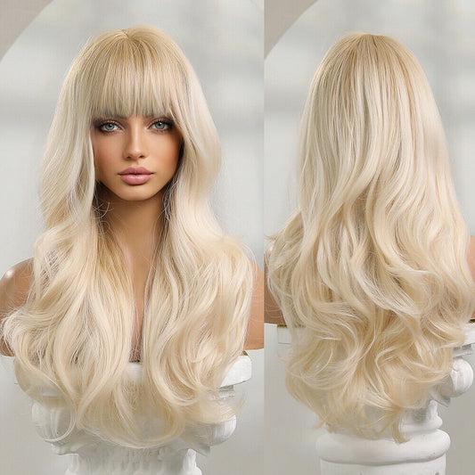 Golden hair wigs and bangs long wave synthetic women's fashion wigs