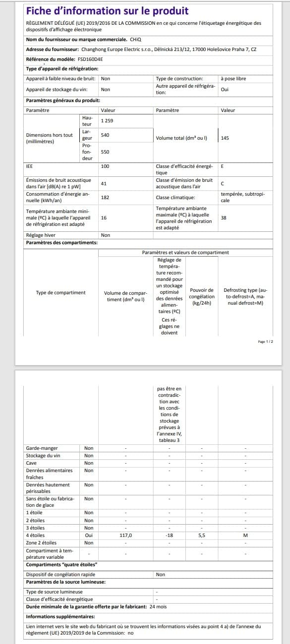 CHiQ Congélateur d'une capacité de 145 L, Congélation rapide, Thermostat réglable Silencieux Porte réversible, Noir, Classe énergétique E