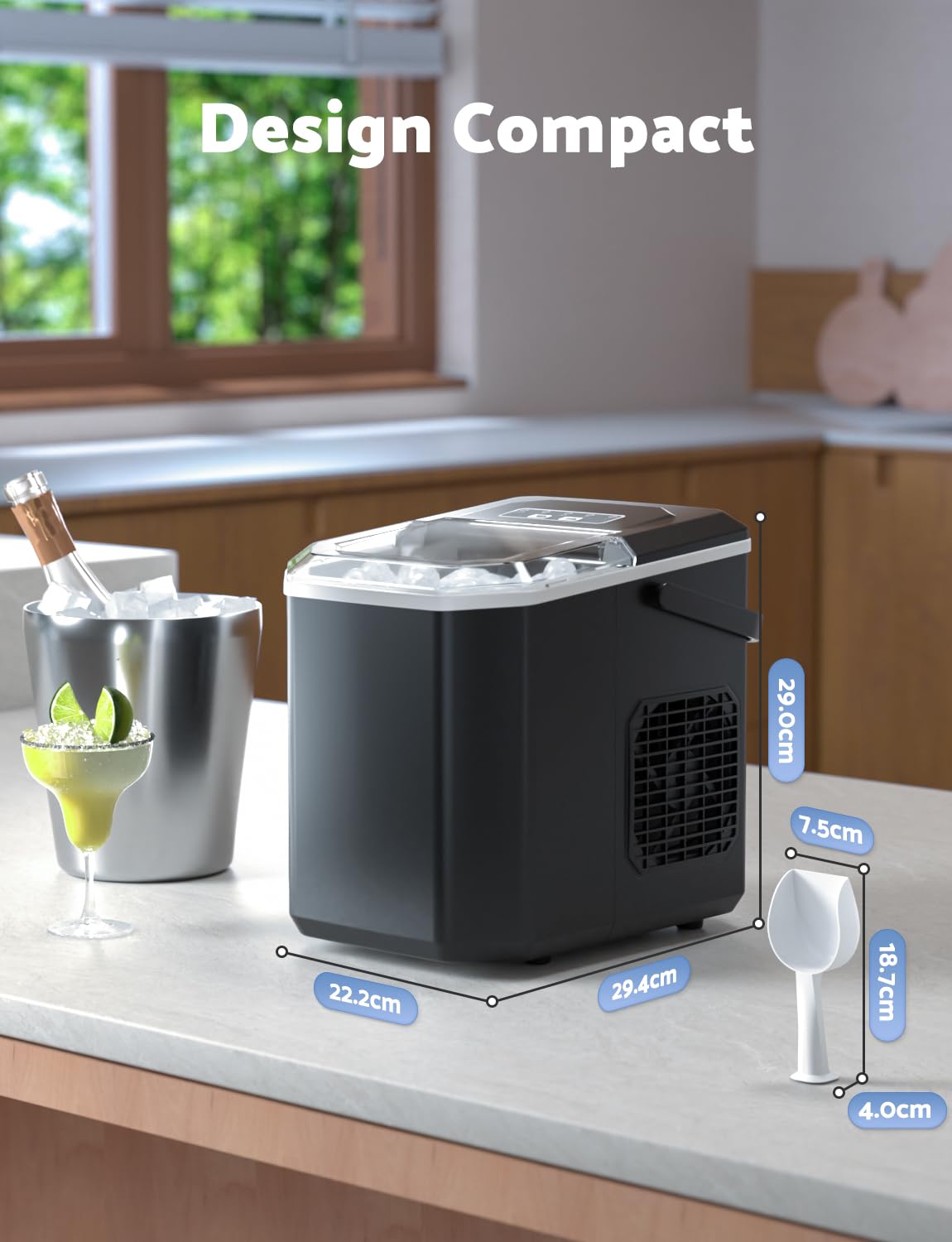 Machine à glaçons Produit 12 kg de glace en 24 heures Produit 9 glaçons en 6 à 8 minutes Livré avec une pelle à glace réversible et une poignée de transport