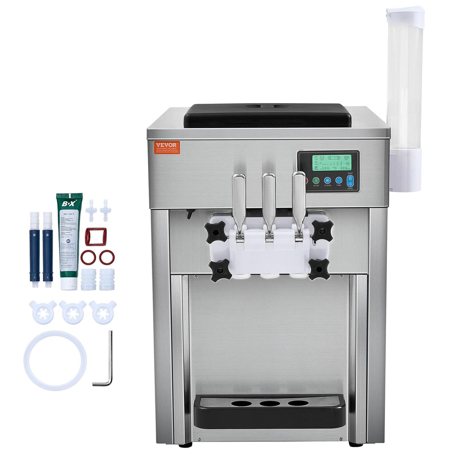 Machine à glace commerciale 20 l/h 1800 watts 3 parfums Machine à glace molle Trémie 2x4 l Pré-refroidissement Nettoyage automatique