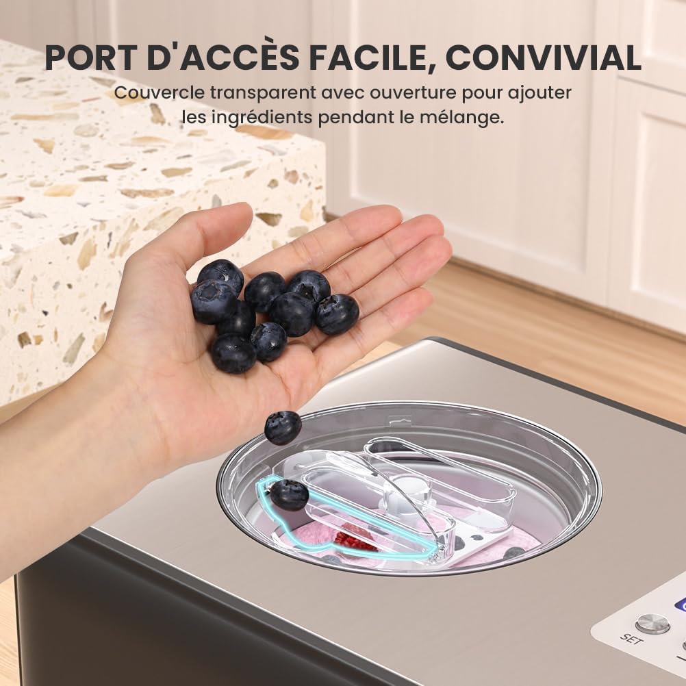 Sorbetiere Turbine a Glace avec Compresseur 2L, Sorbetière Electrique pas de Pré-congélation, Automatique Machine à Glace, LCD Préparation, Livre de recettes, pour Faire Sorbets/Crème Glacée/Gelato