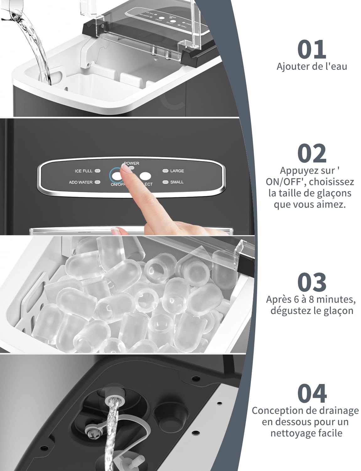 Machine à glaçons Produit 12 kg de glace en 24 heures Produit 9 glaçons en 6 à 8 minutes Livré avec une pelle à glace réversible et une poignée de transport