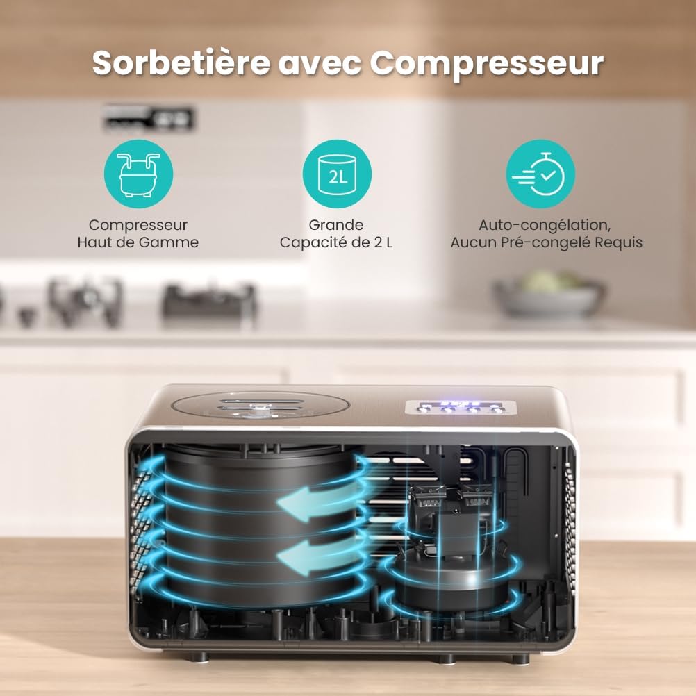 Sorbetiere Turbine a Glace avec Compresseur 2L, Sorbetière Electrique pas de Pré-congélation, Automatique Machine à Glace, LCD Préparation, Livre de recettes, pour Faire Sorbets/Crème Glacée/Gelato