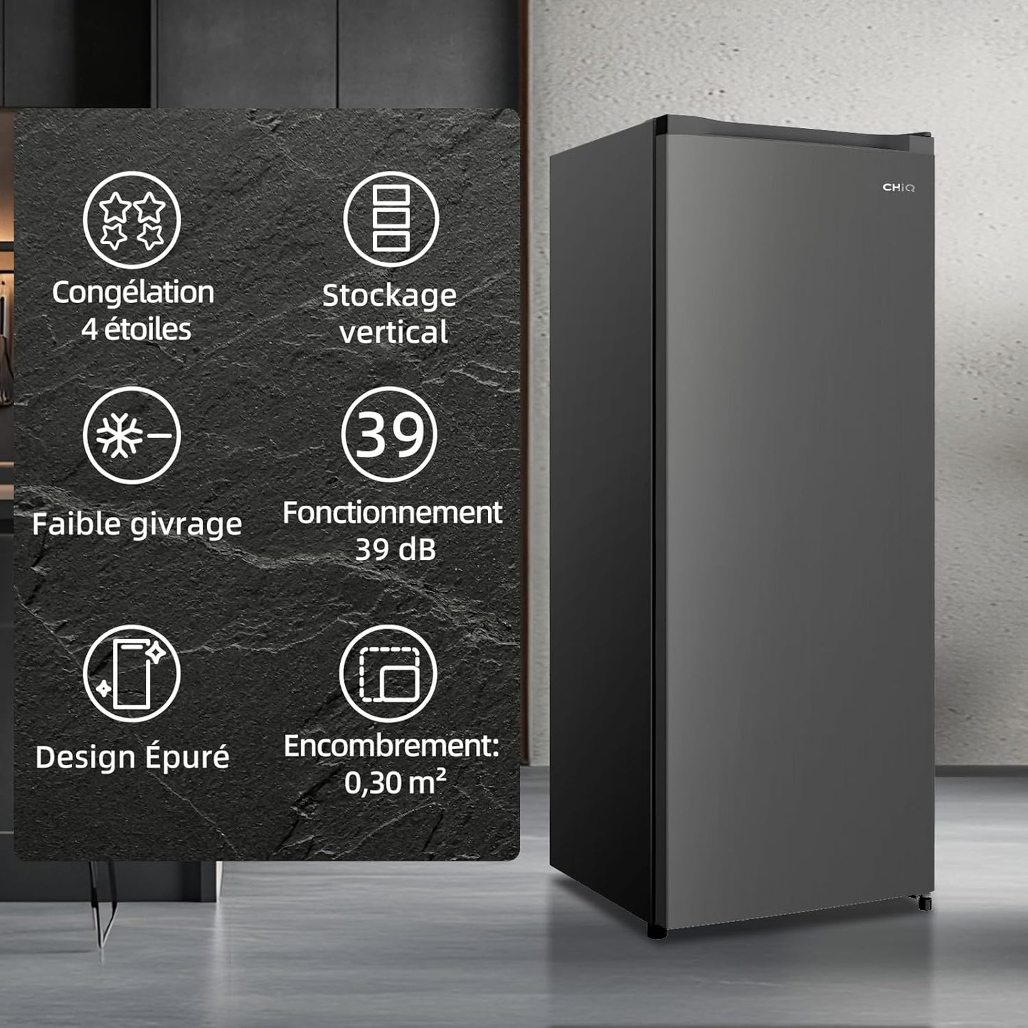 CHiQ Congélateur d'une capacité de 145 L, Congélation rapide, Thermostat réglable Silencieux Porte réversible, Noir, Classe énergétique E