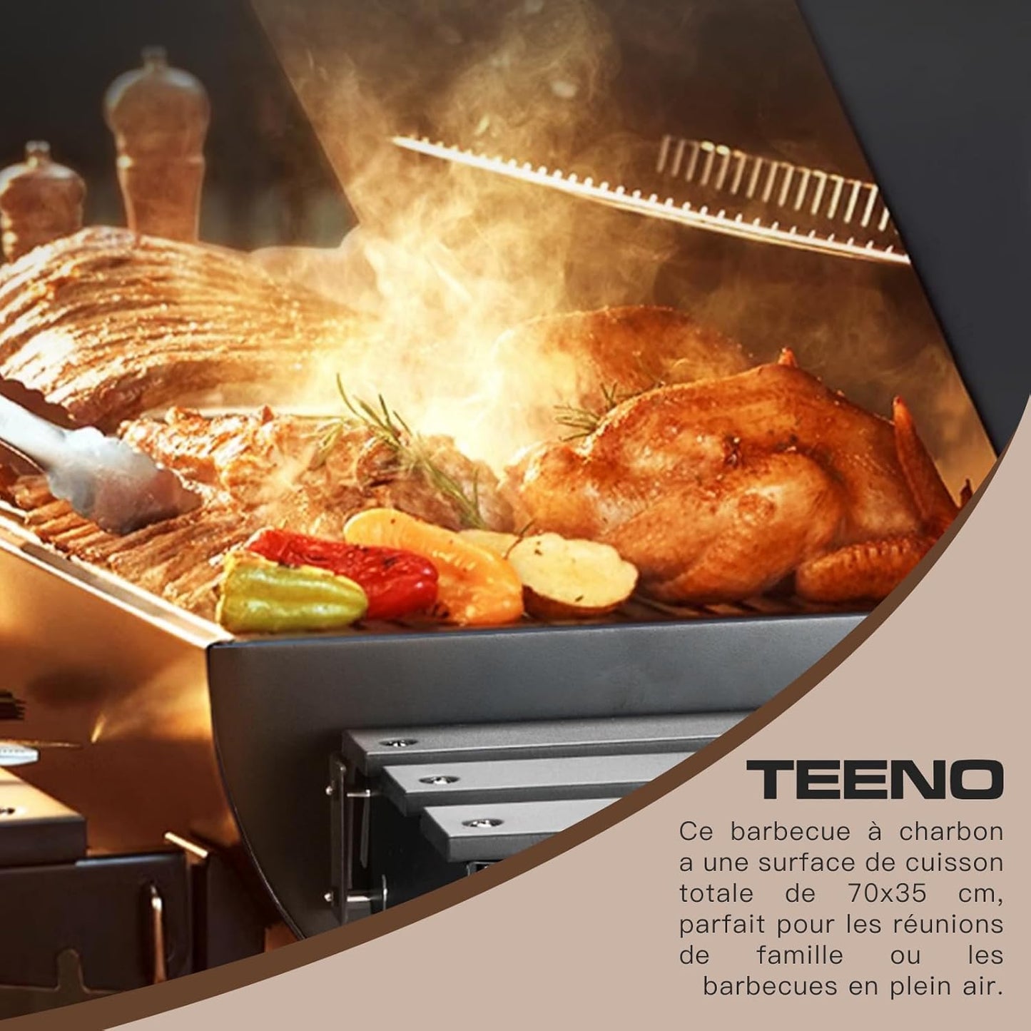 Barbecue au charbon de bois avec grille de cuisson XXL, gants anti-brûlures, thermomètre, tiroir à cendres, aérations réglables