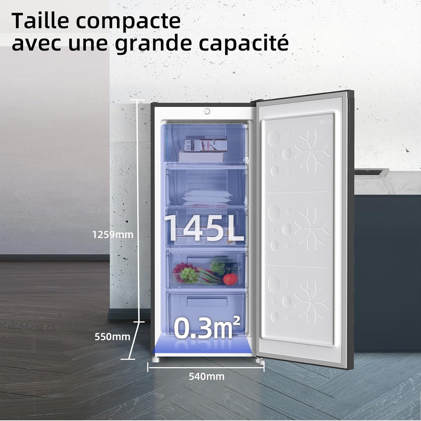 CHiQ Congélateur d'une capacité de 145 L, Congélation rapide, Thermostat réglable Silencieux Porte réversible, Noir, Classe énergétique E