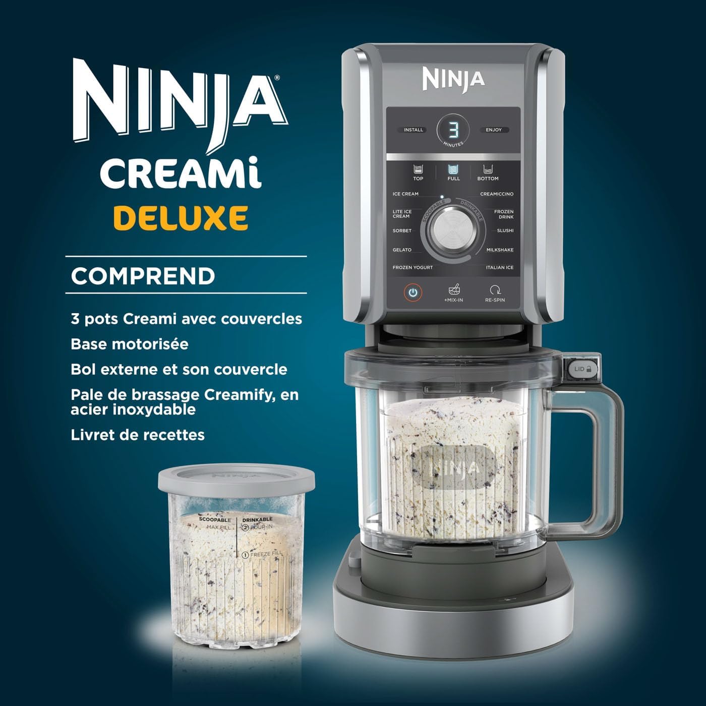 Sorbetière Ninja CREAMi 7 programmes pour glaces sorbets smoothies et milkshakes, noir/argent 1,4 L