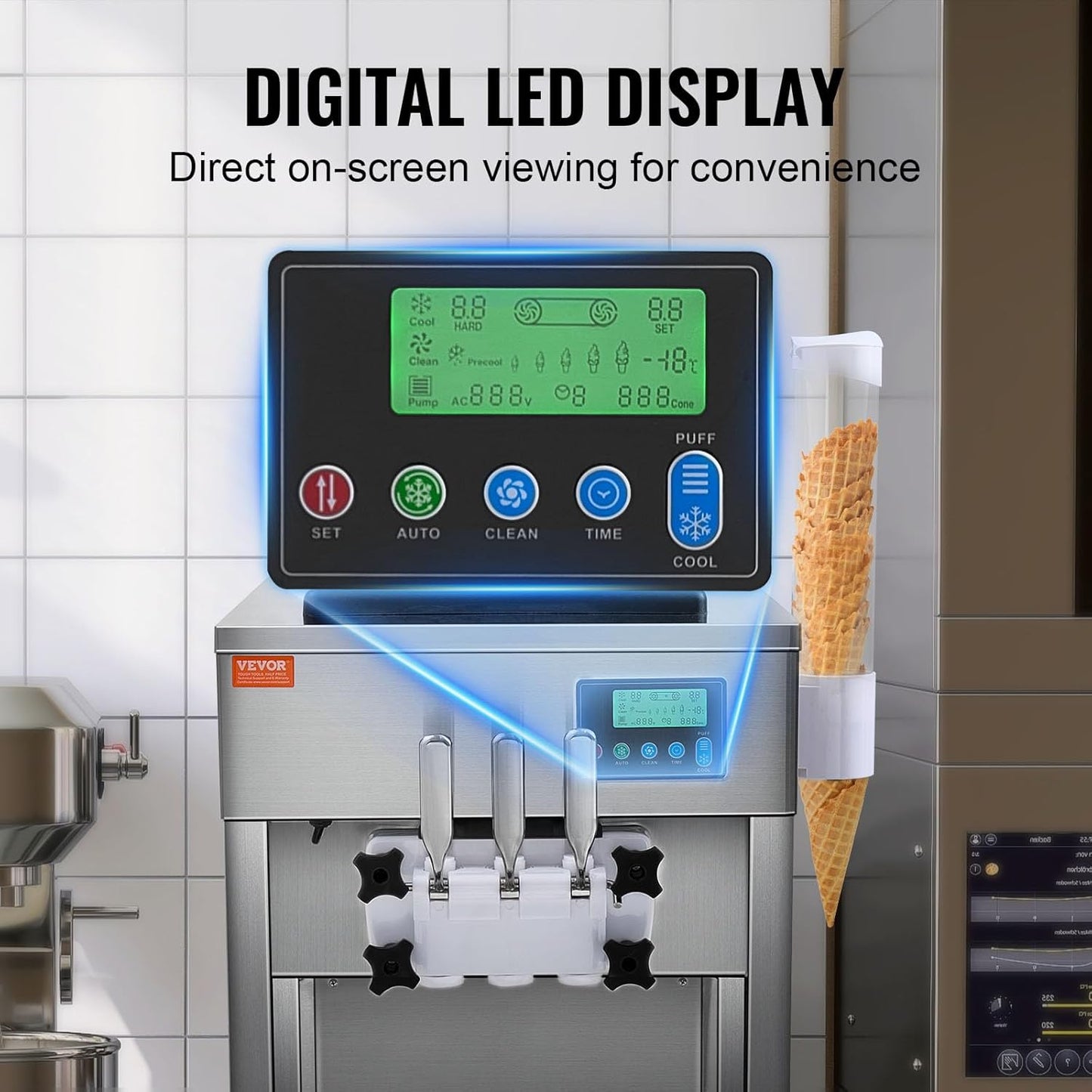 Machine à glace commerciale 20 l/h 1800 watts 3 parfums Machine à glace molle Trémie 2x4 l Pré-refroidissement Nettoyage automatique