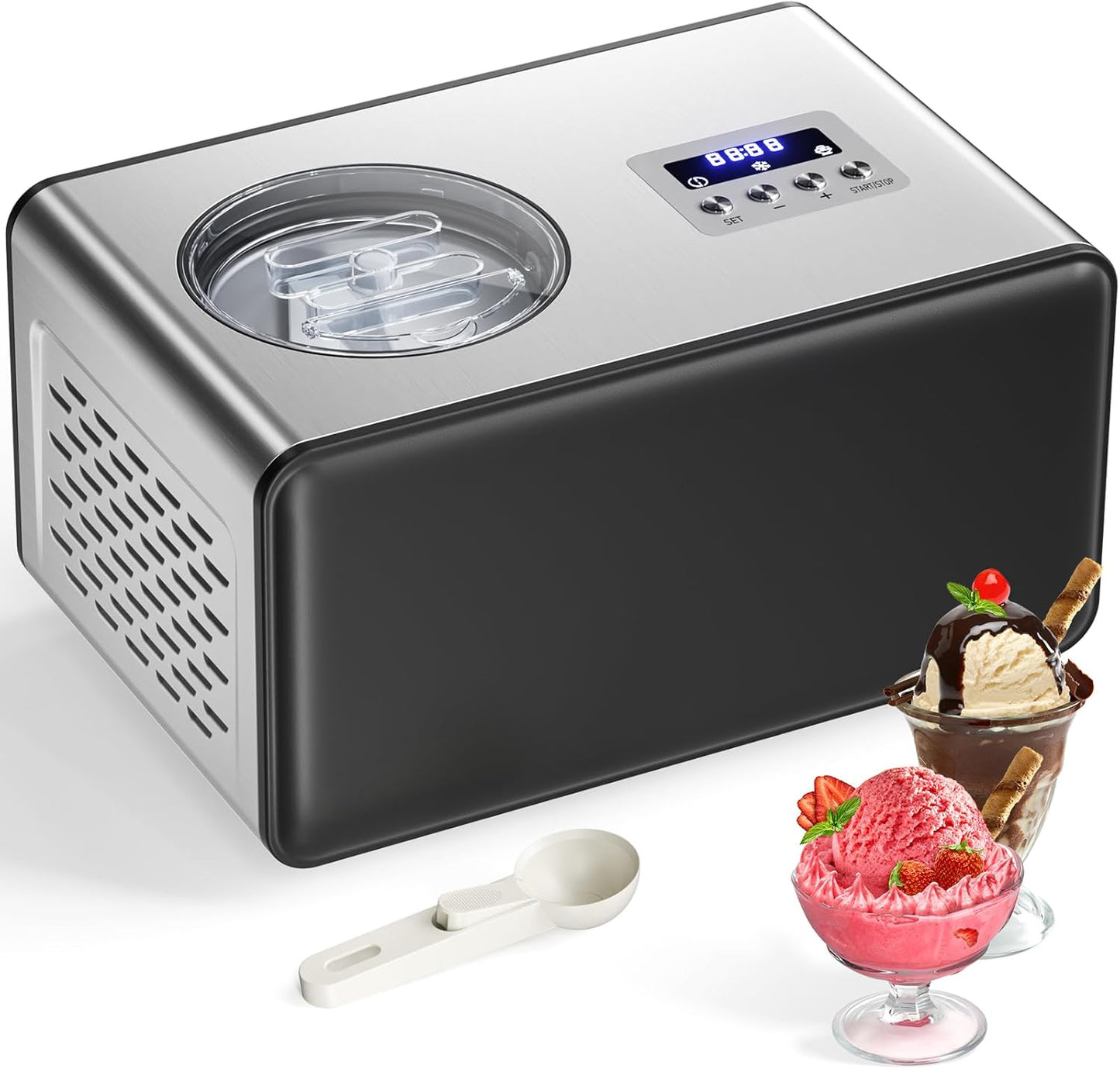 Sorbetiere Turbine a Glace avec Compresseur 2L, Sorbetière Electrique pas de Pré-congélation, Automatique Machine à Glace, LCD Préparation, Livre de recettes, pour Faire Sorbets/Crème Glacée/Gelato