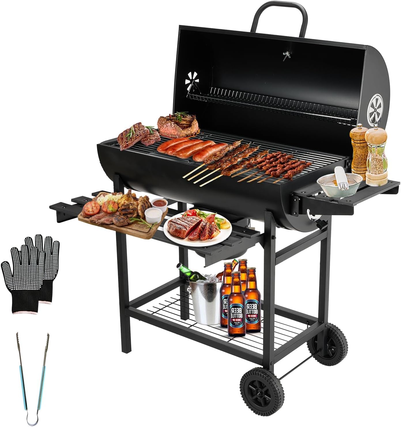 Barbecue au charbon de bois avec grille de cuisson XXL, gants anti-brûlures, thermomètre, tiroir à cendres, aérations réglables