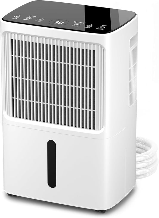 Déshumidificateur 16 litres/24 heures taille de la pièce : environ 140 m3 (70 m2), affichage LED, résistant à l'humidité  avec minuterie, économie d'énergie, avec capteur d'humidité (blanc)