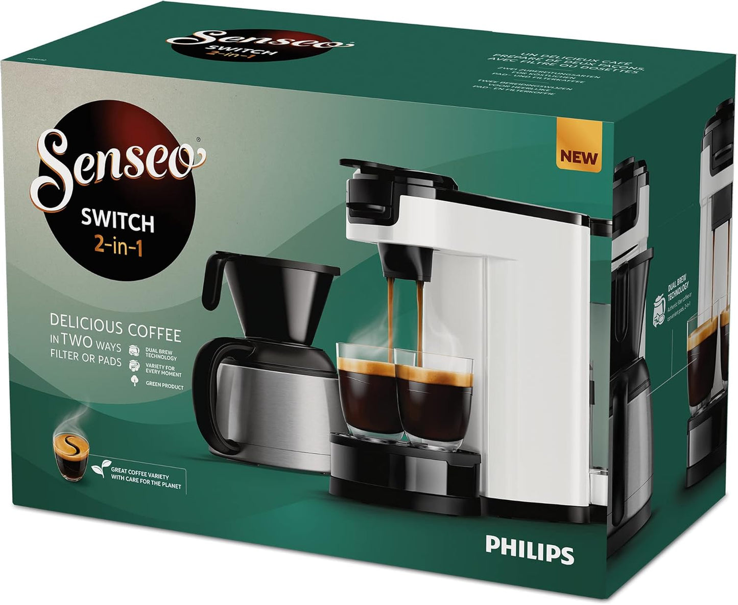 Philips Senseo Switch Machine à Café à Dosettes et Filtre - Technologie 2 en 1, Réservoir d'Eau de 1 L, 7 Tasses en une Seule Fois, Couleur Blanc Titane (HD6592/05)