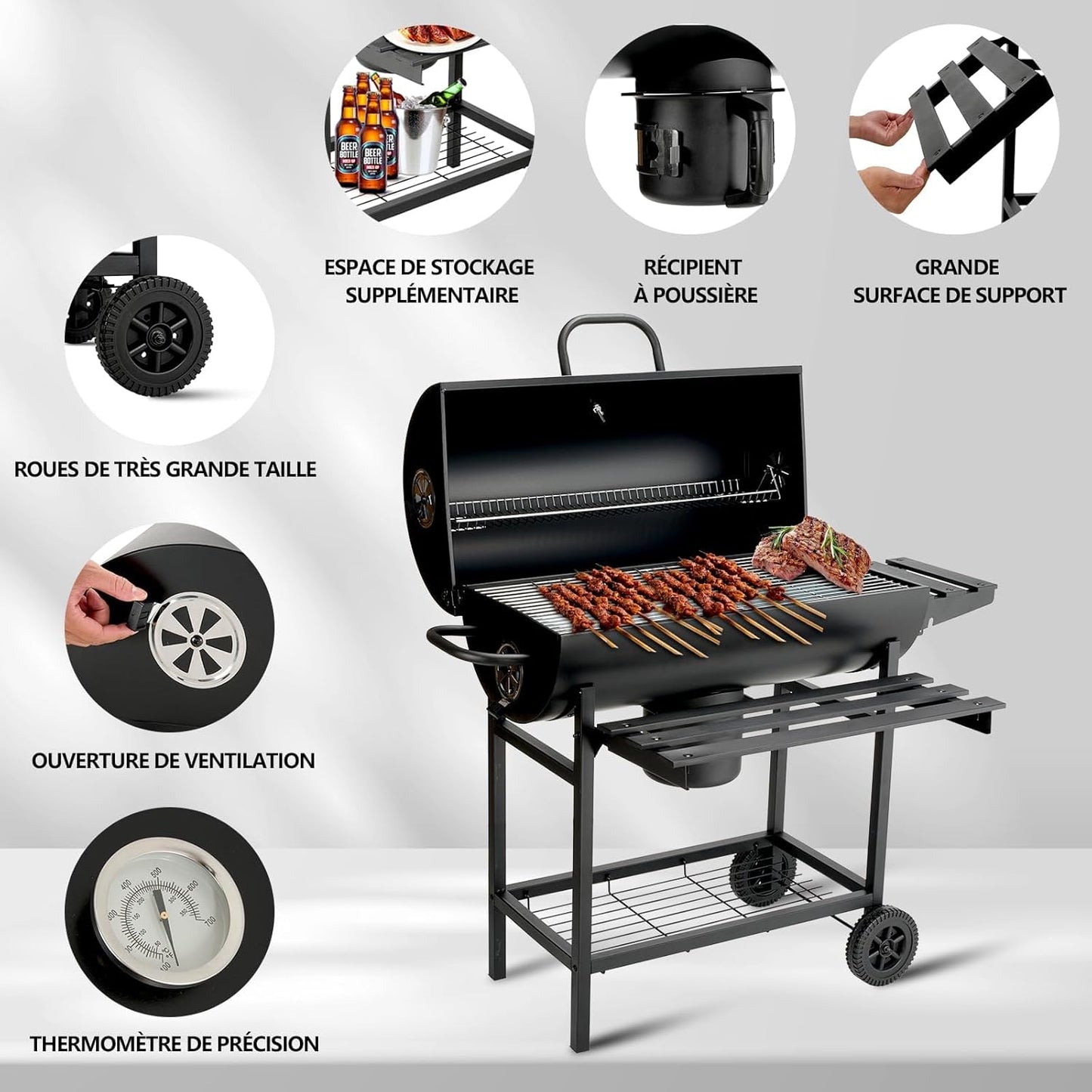 Barbecue au charbon de bois avec grille de cuisson XXL, gants anti-brûlures, thermomètre, tiroir à cendres, aérations réglables