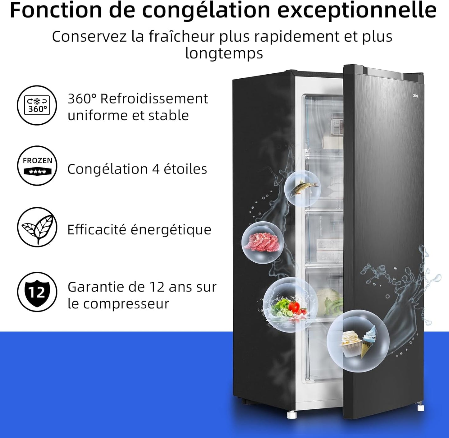 CHiQ Congélateur d'une capacité de 145 L, Congélation rapide, Thermostat réglable Silencieux Porte réversible, Noir, Classe énergétique E