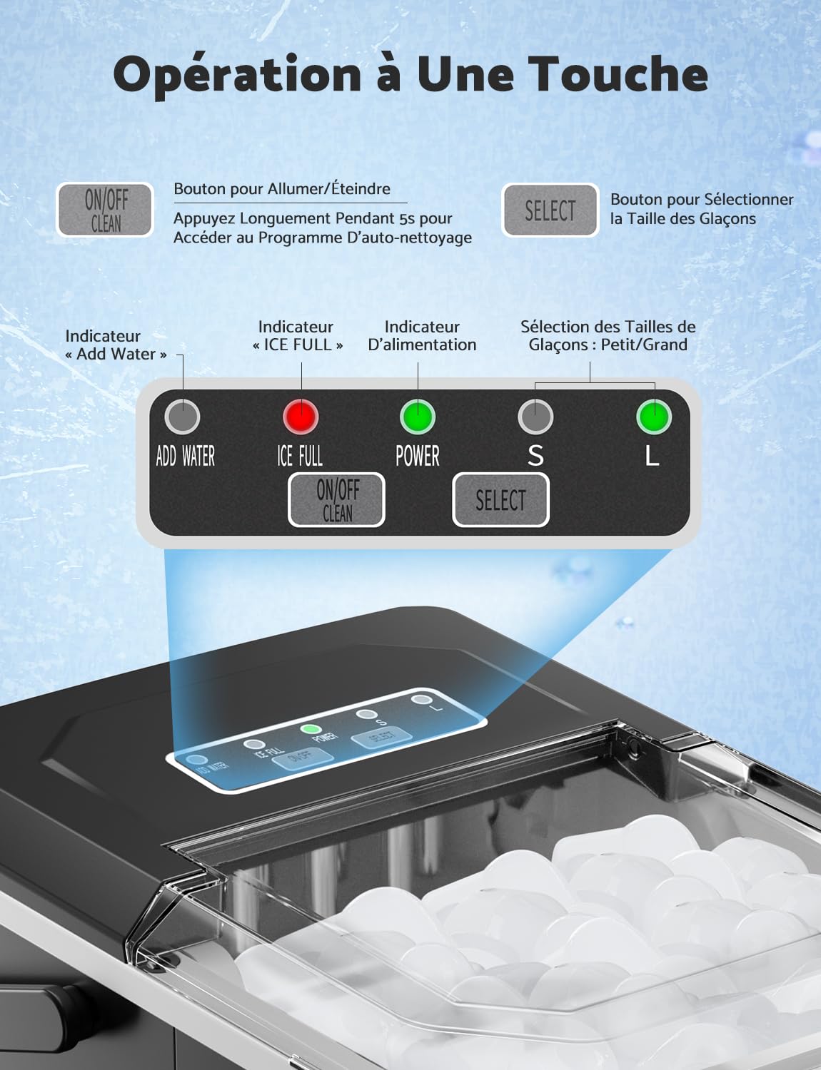 Machine à glaçons Produit 12 kg de glace en 24 heures Produit 9 glaçons en 6 à 8 minutes Livré avec une pelle à glace réversible et une poignée de transport