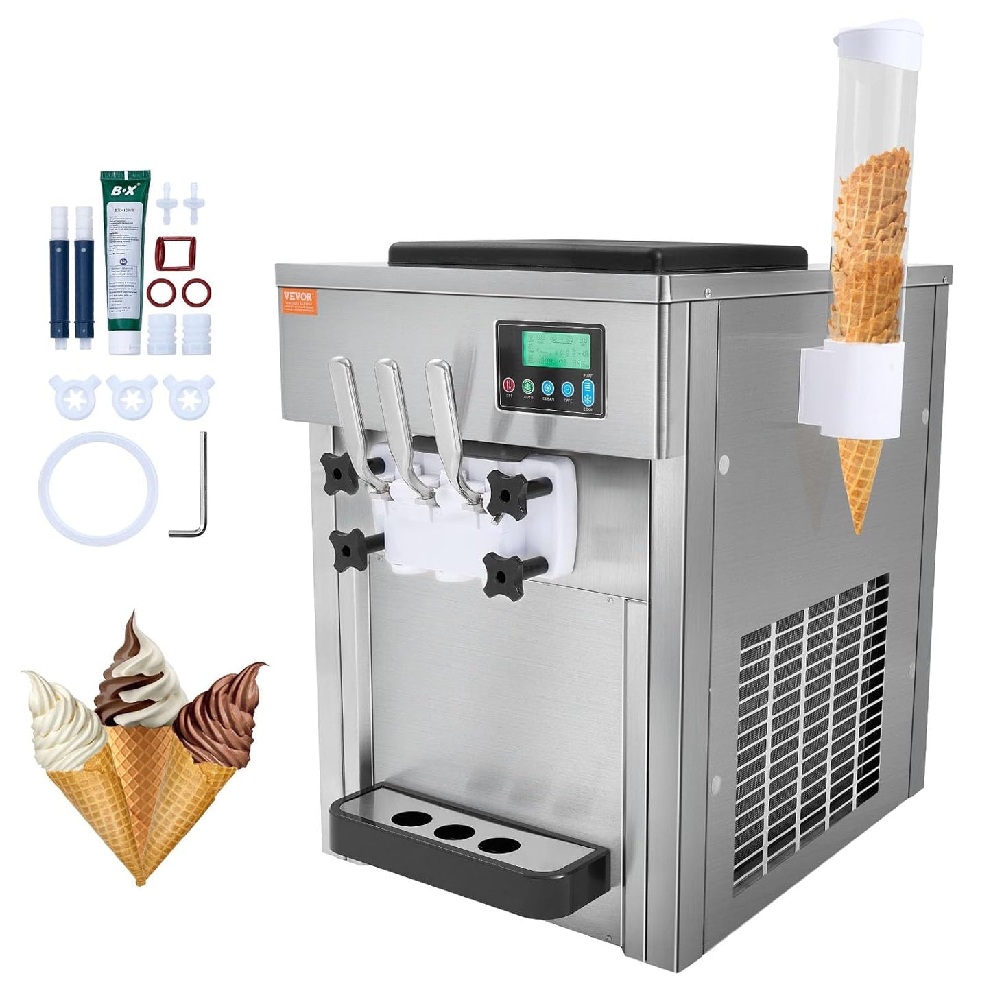 Machine à glace commerciale 20 l/h 1800 watts 3 parfums Machine à glace molle Trémie 2x4 l Pré-refroidissement Nettoyage automatique