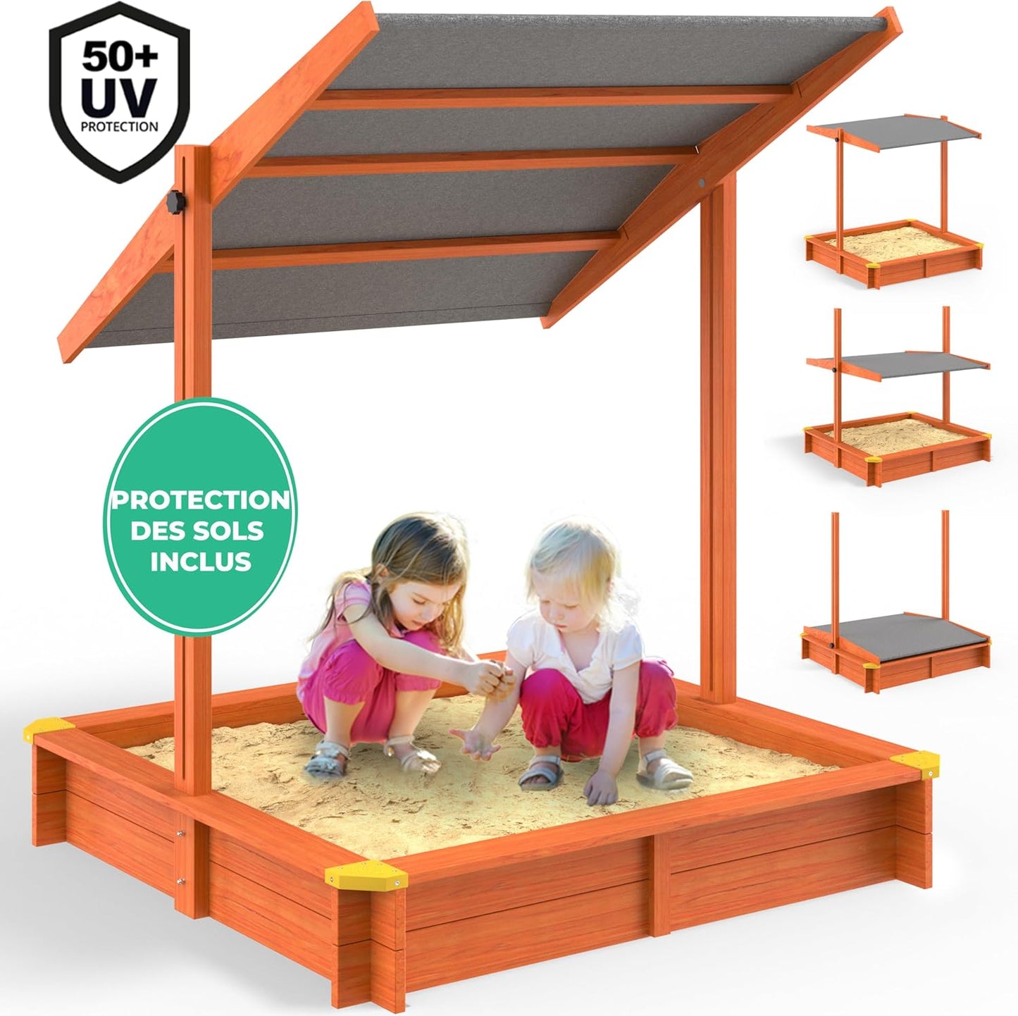 Bac à sable en bois 120 x 120 cm Tapis de sol Toit réglable Protection UV 50+