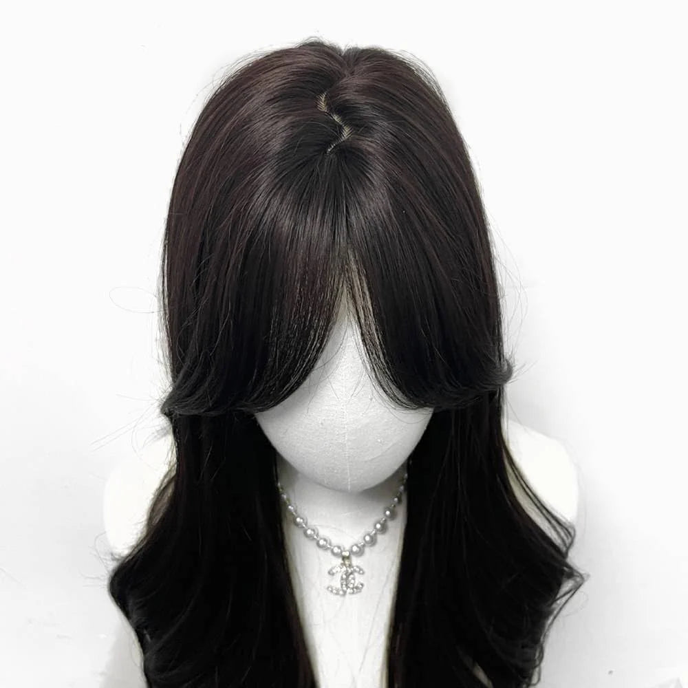 Long black brown straight hair wig and bangs synthesize female synthetic high temperature wig
