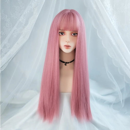Pink synthetic hair natural long straight hair wigs and bangs party