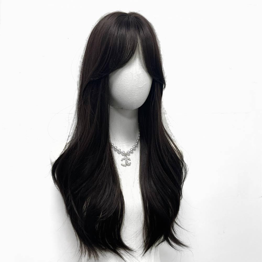 Long black brown straight hair wig and bangs synthesize female synthetic high temperature wig