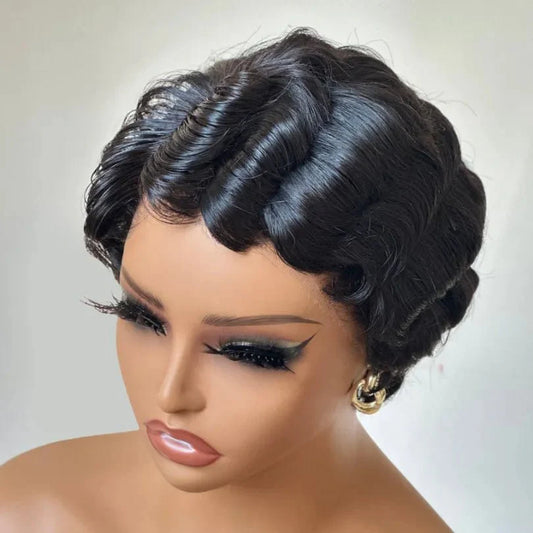 Retro Finger Wave Wig Jet Black Short Pixie Style